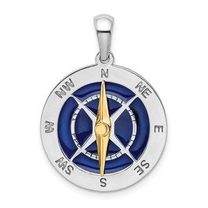 925 Sterling Silver Blue Enameled Compass Pendant with 14k Gold Moving Needle